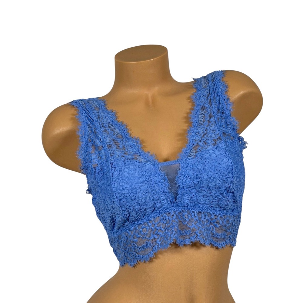Aerie Real Good Lace Bralette Blue Floral Eyelash Trim Longline V-Neck Large